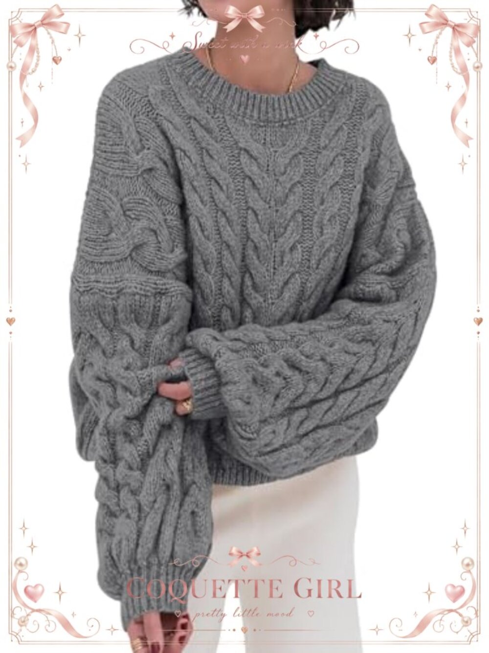 Cable Knit Long Sleeve Crewneck Oversized Chunky Pullover Sweater